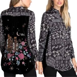 Johnny Was Cordelia Silk Velvet Embroidered Bach Button Up Shirt -Black Sz Small